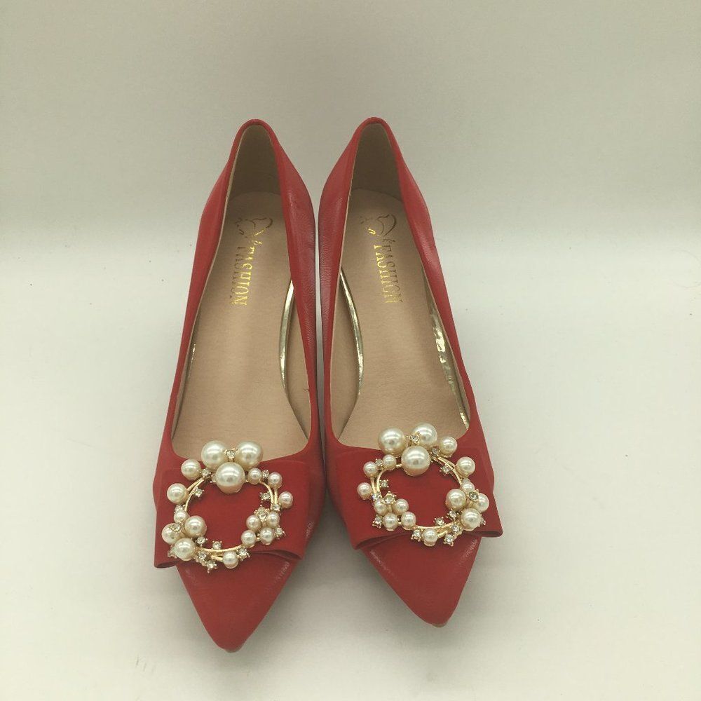 Red Pointed Toe Kitten Heel Pumps With Jeweled Wedding Bride Shoes